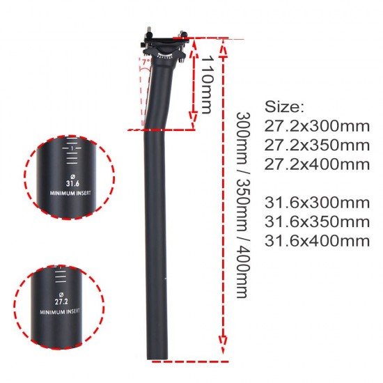 Carbon Fiber Zadelpen Fiets Zadelpen Ud Matt 27.2/31.6*300/350/400 Mm Fiets Onderdelen Road / Mtb fiets Reverse Zadelpen 135G