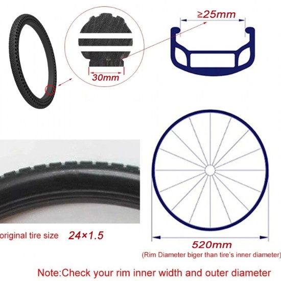 24 Inch 24x1.5 Honeycomb Non Inflation Tyre Bicycle Tubeless Solid Tire