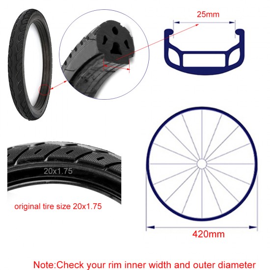 20*1.75 E Bike Bicycle Solid Tires Compatible 20x1.95/20x1.50