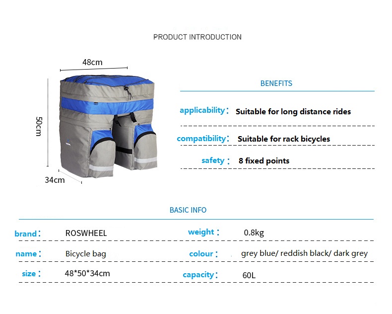 BikeAccessories60LBagBlackBlueRedDoubleBicycleRearSeatTrunkBagHandbagPannierwithRainCover-32913489547