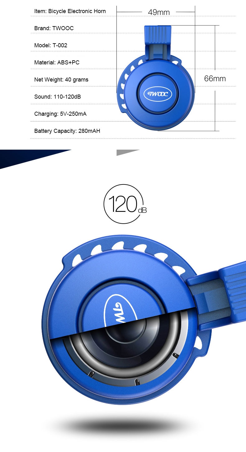 TWOOCRechargeable120dbCycleBellElectronicHornSafetyTrumpetUSBChargeBicycleSirenAudioWarningAlarm-32893539509