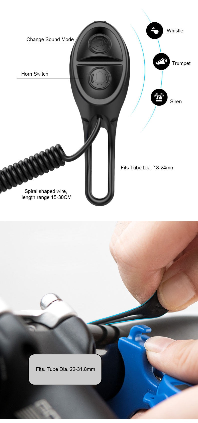 TWOOCRechargeable120dbCycleBellElectronicHornSafetyTrumpetUSBChargeBicycleSirenAudioWarningAlarm-32893539509